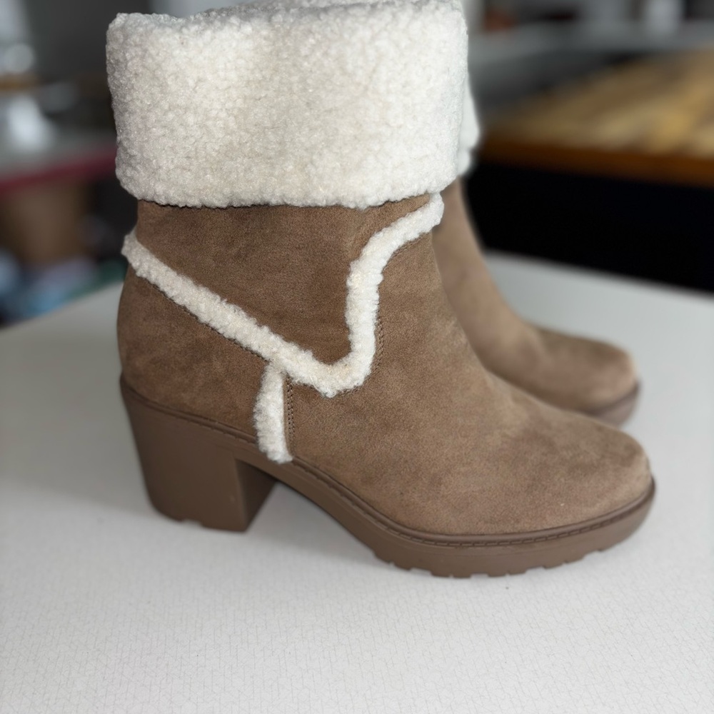 Brown and White Heeled Boots with Sherpa Lining